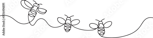 continuous line of bees.one line drawing of flying bees. minimalist single line vector illustration. one line Icon drawing
