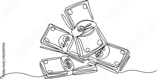 Several bundles of money, cash, banknotes, dollars, hryvnias, euro one line art. Continuous line drawing of bank, money, finance, financial, payment. one line Icon drawing