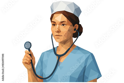 Low poly nurse with stethoscope in blue scrubs