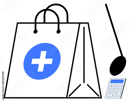 Healthcare, medical services, financial planning, budgeting, insurance claims, cost management. Shopping bag with medical cross, stethoscope and calculator. Healthcare and financial planning concept