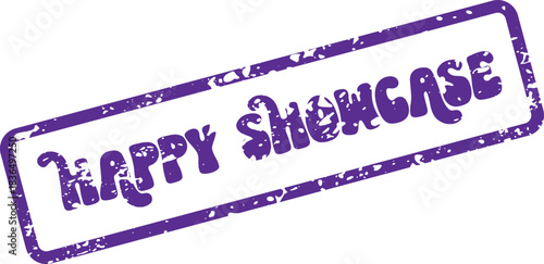 Positive Happy Showcase exhibition event mark in purple distressed stamp style