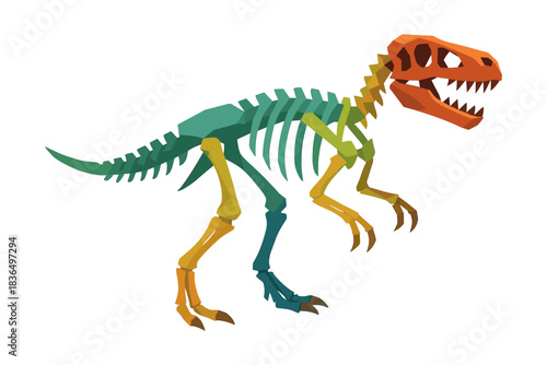 Colorful low poly dinosaur skeleton with bright geometric design