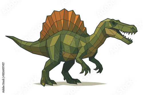 Low poly spinosaurus dinosaur with geometric design on white background