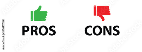 Pros and cons comparison with thumbs up and down icons vector illustration.