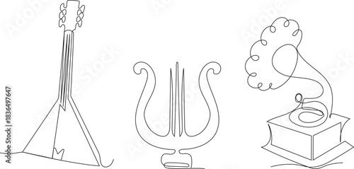 Minimalist one-line illustration featuring a balalaika, harp, and gramophone. Elegant linear design with clean black outlines on a white background, perfect for modern music-themed decor, posters, bra