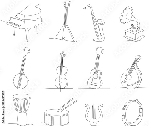 Minimalist continuous line illustration collection featuring a variety of musical instruments, including kobza, bandura, djembe, grand piano, saxophone, violin, drum, tambourine, guitar, balalaika, ha