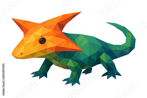 Polygonal low poly dinosaur art with orange head and green body on white background