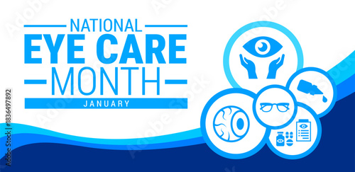 Eye Care Month background, banner, card or poster design template is observed every year during January, to raise awareness about the mission. Vector illustration.