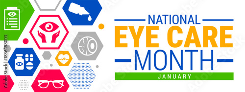 Eye Care Month background, banner, card or poster design template is observed every year during January, to raise awareness about the mission. Vector illustration.