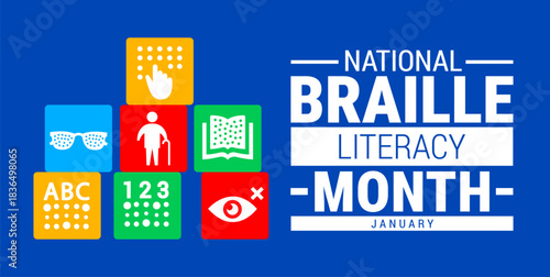 National Braille Literacy Month background, banner, card or poster design template is observed every year during January, to raise awareness about the mission. Vector illustration.