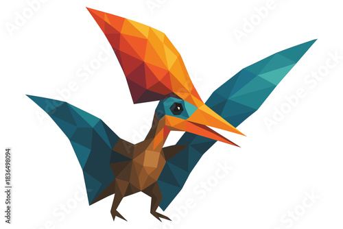 Colorful low poly pterosaur flying with vibrant geometric patterns