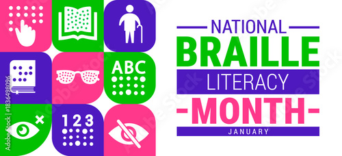 National Braille Literacy Month Geometric shape pattern background, banner, card or poster design template is observed every year during January, to raise awareness about the mission. Vector 