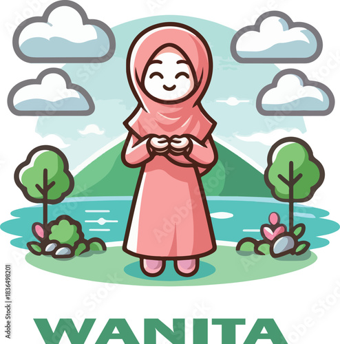  wanita cartoon clipart and landscape logo color vector white background