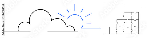 Cloud computing concept. Cloud computing illustrated with a rising sun symbol and puzzle pieces integration and connection. Cloud computing for IT, networking, collaboration, data storage, technology