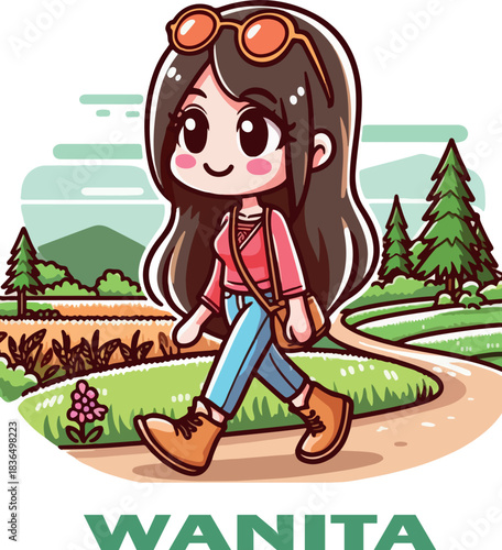 wanita cartoon clipart and landscape logo vector white background .