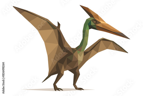 Low poly pterodactyl with outstretched wings on white background