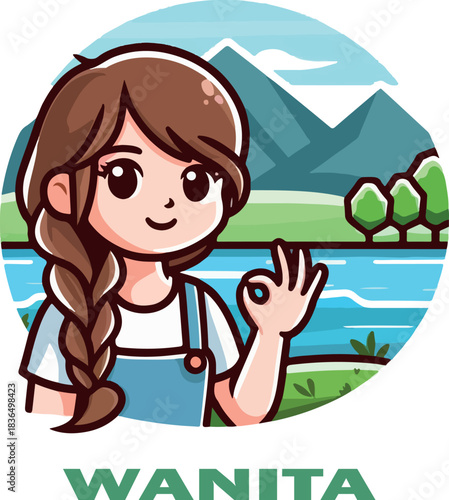 wanita cartoon clipart and landscape logo vector white background .