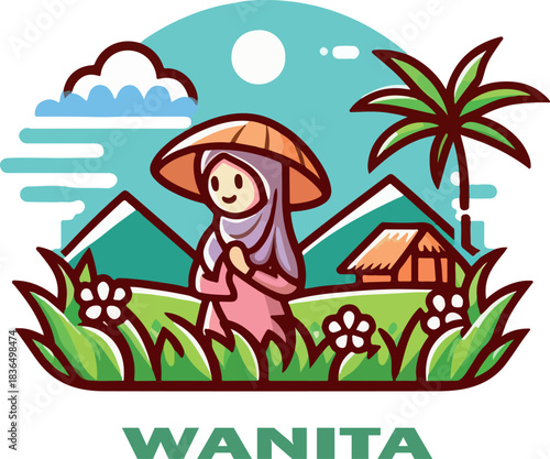 wanita cartoon clipart and landscape logo vector white background .