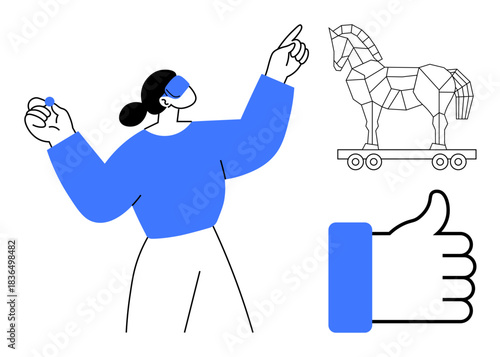 Cybersecurity concept. Cybersecurity through symbolic Trojan horse, personal interaction, and security elements. Cybersecurity highlighting data safety, threats, and modern digital awareness. Ideal