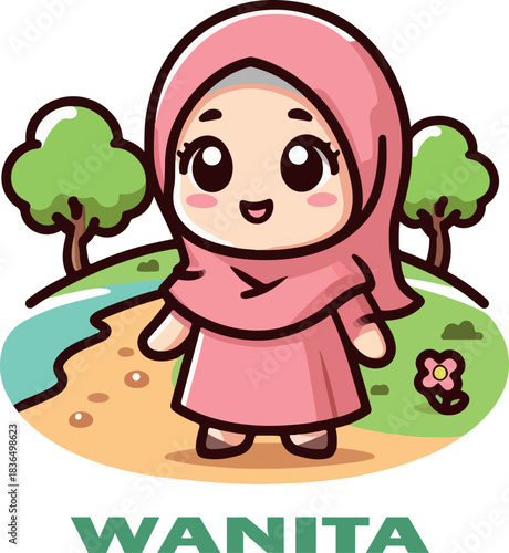 wanita cartoon clipart and landscape logo vector white background .