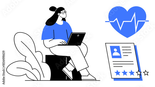 Woman sitting with a laptop, heart icon with heartbeat line, profile document with star rating. Ideal for healthcare, recruitment, productivity, telemedicine, evaluation, wellness digital
