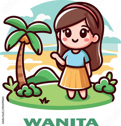 wanita cartoon clipart and landscape logo vector white background .