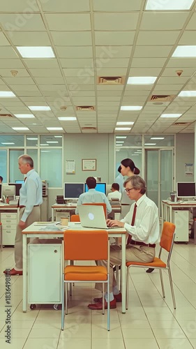 Office interior featuring multiple people working at desks with computers and other office equipment under artificial lighting