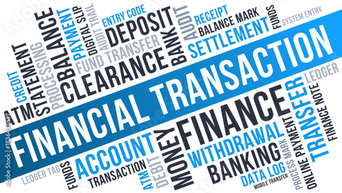Financial Transaction Word Cloud, Banking Finance transfer and money service terms