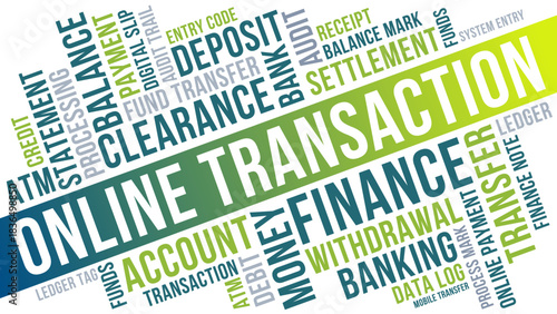 Online Transaction Word Cloud, Finance Banking digital transfer and funds payment terms