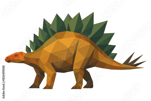 Low poly stegosaurus design with geometric spikes and green foliage effect