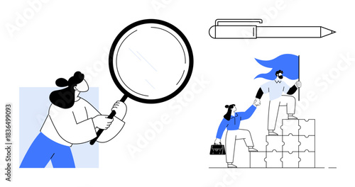Business teamwork, leadership, exploration, problem solving, analysis, goal achievement. A person holding a magnifying glass, a pen and collaborative individuals climbing stairs. Leadership