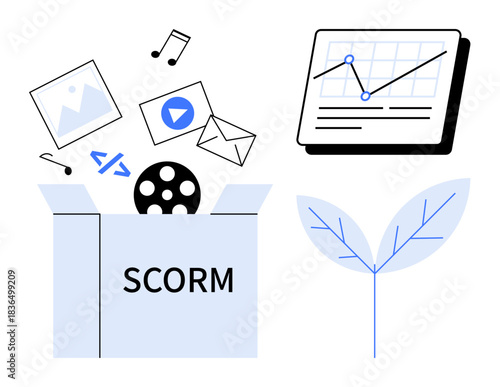 Box labeled SCORM with multimedia content thumbs up video, music, image files, analytics chart, and coding. Ideal for e-learning, online training, content sharing, education technology innovation