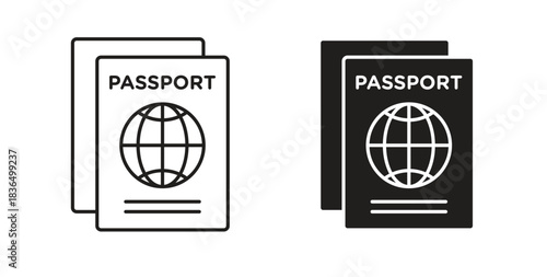 Passport icon in line design and solid black and white colors for designs