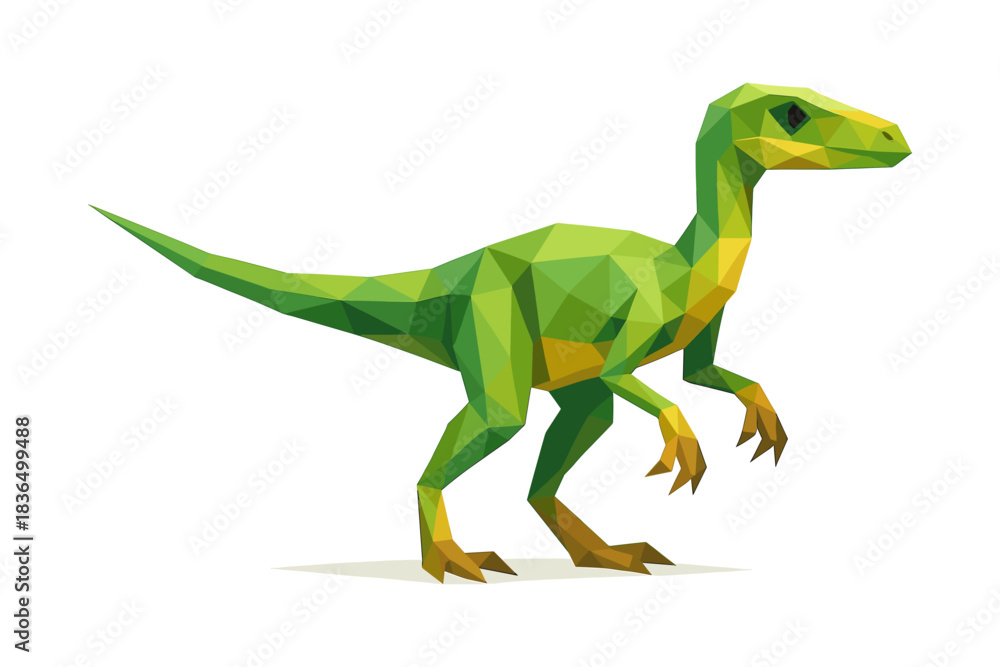 Fototapeta premium Geometric low poly dinosaur: green and yellow velociraptor in modern design