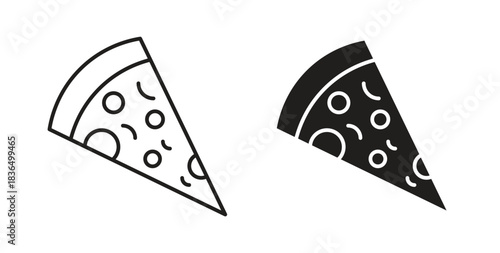 Pizza slice icon in line design and solid black and white colors for designs