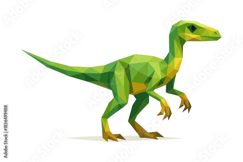 Geometric low poly dinosaur: green and yellow velociraptor in modern design