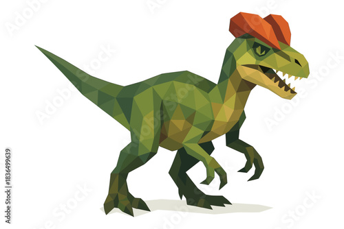 Low poly dinosaur with red crest on white background