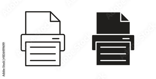 Print button icon in line design and solid black and white colors for designs