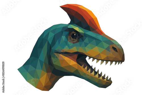 Geometric dinosaur head with colorful triangles in profile view