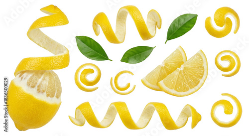 Artistic presentation of fresh lemons with decorative peels and leaves against a stark setting