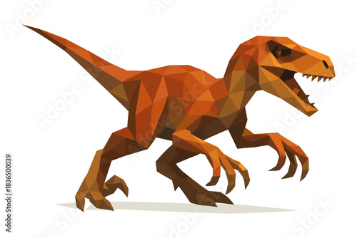 Geometric low poly dinosaur roaring with sharp teeth against a white background