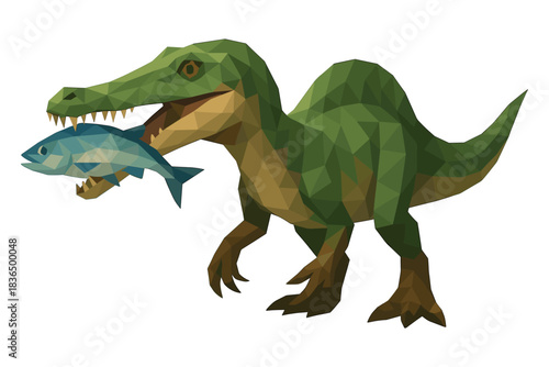 Geometric dinosaur with fish in mouth on white background