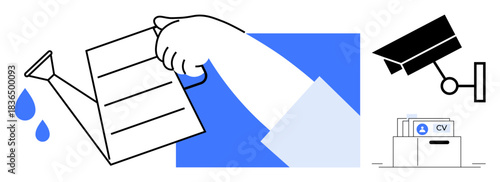 Data security concept a hand watering documents, a surveillance camera, and cloud storage for CVs. Data security ensures privacy, efficient storage, and system protection. Useful for digital privacy