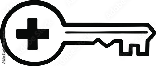 Hand-drawn simple key with a plus icon, doodle solid black on white, indicating add access or new key