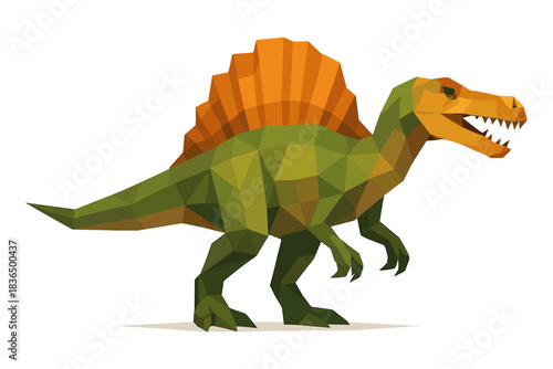 Polygonal spinosaurus dinosaur in low poly style with orange sail on white background