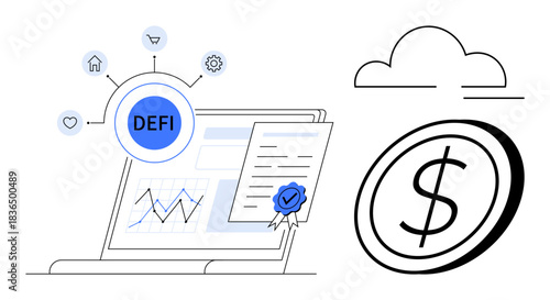Financial technology, blockchain systems, online payments, digital economy, fintech trends, and financial security. Laptop with graphs, DeFi icon certified document and coin symbol. Financial