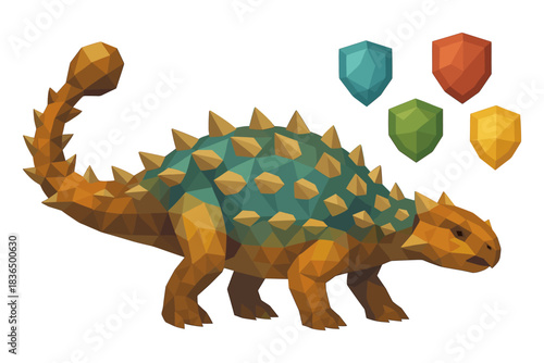 Low poly ankylosaurus with vibrant geometric shields on white background