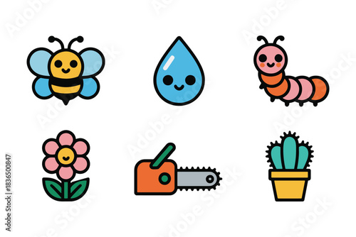 Collection of cute cartoon icons representing nature and industry elements