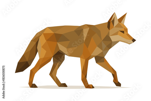 Polygonal geometric fox walking on white background in low poly style