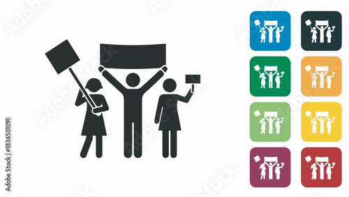 Group of People Holding Signs and Banner Vector Icon Set for Protest and Demonstration
